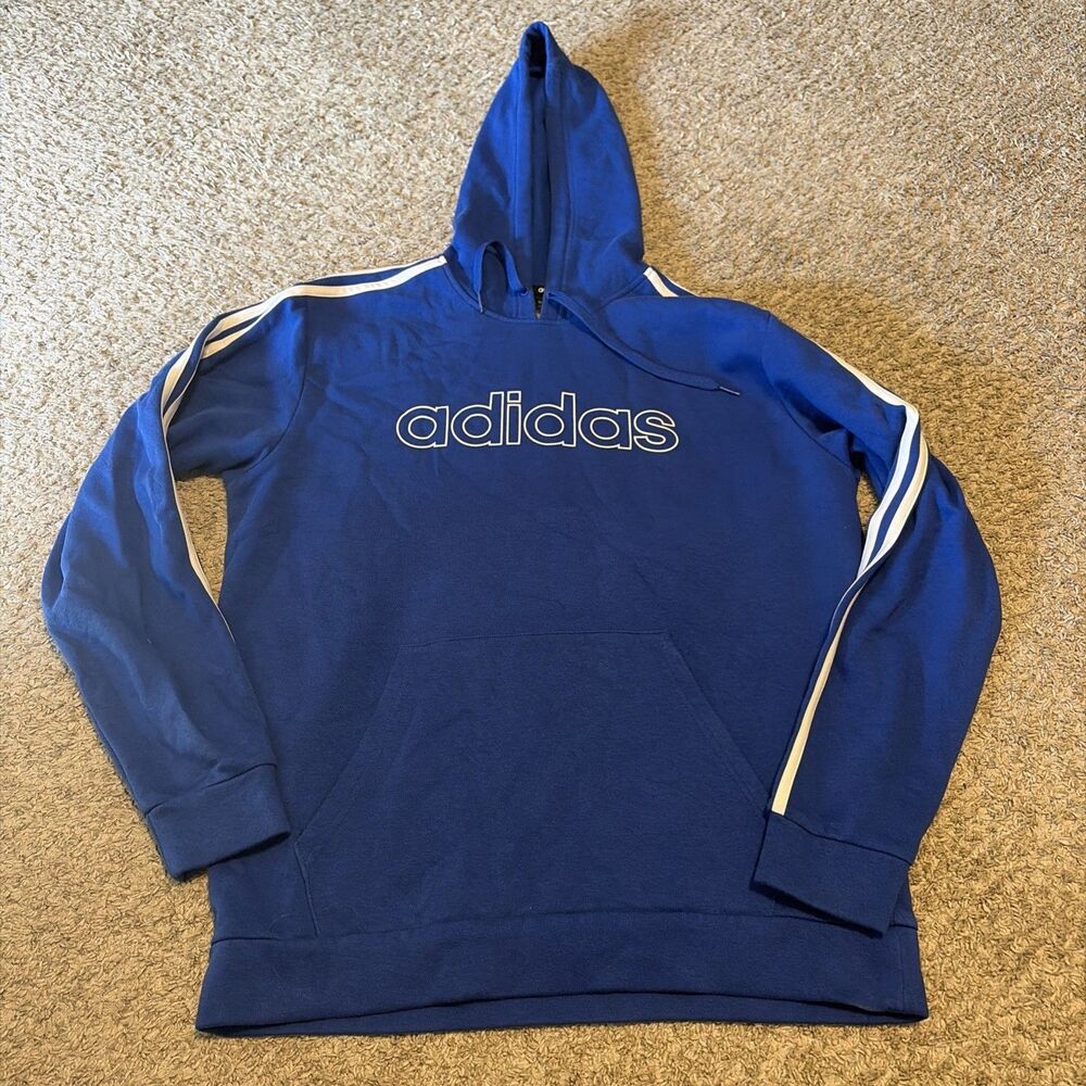 Adidas Royal Blue Men’s Pullover sweatshirt white three Stripe Logo Hoodie Lg